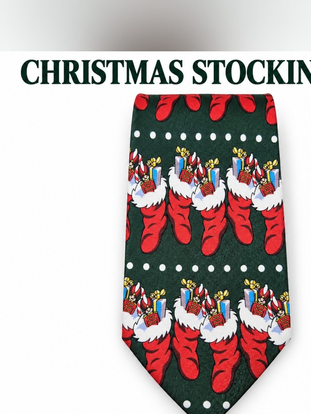 Men's Christmas Stocking Print Tie in Dark Green and Red